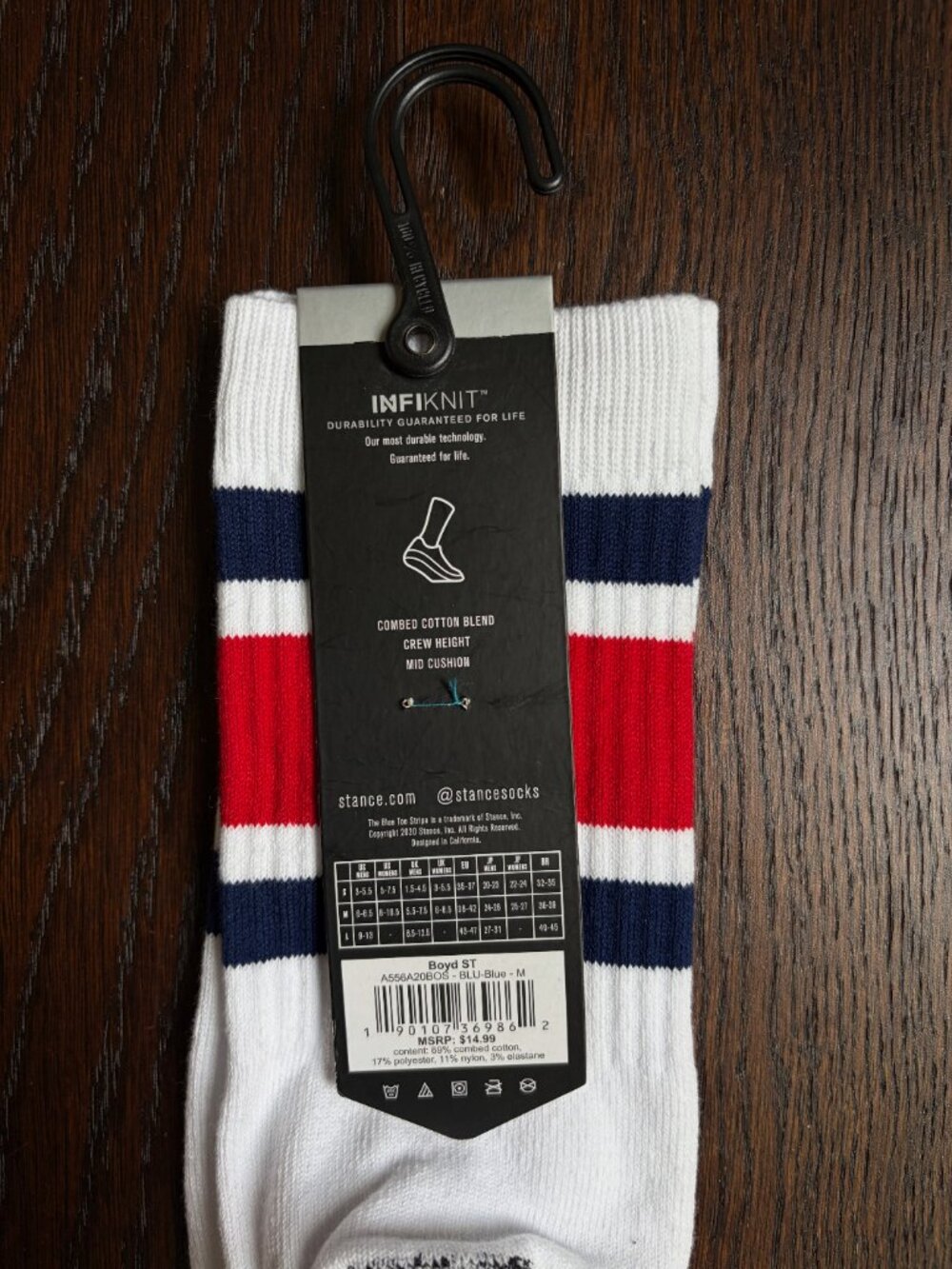 NWT Stance Men's Boyd Stripe Crew Socks (White w/ Blue & Red) - Medium - Picture 3 of 5